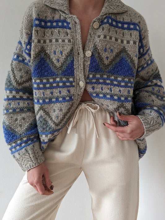 Vintage Hand Knit Cerulean & Stone Wool Cardigan