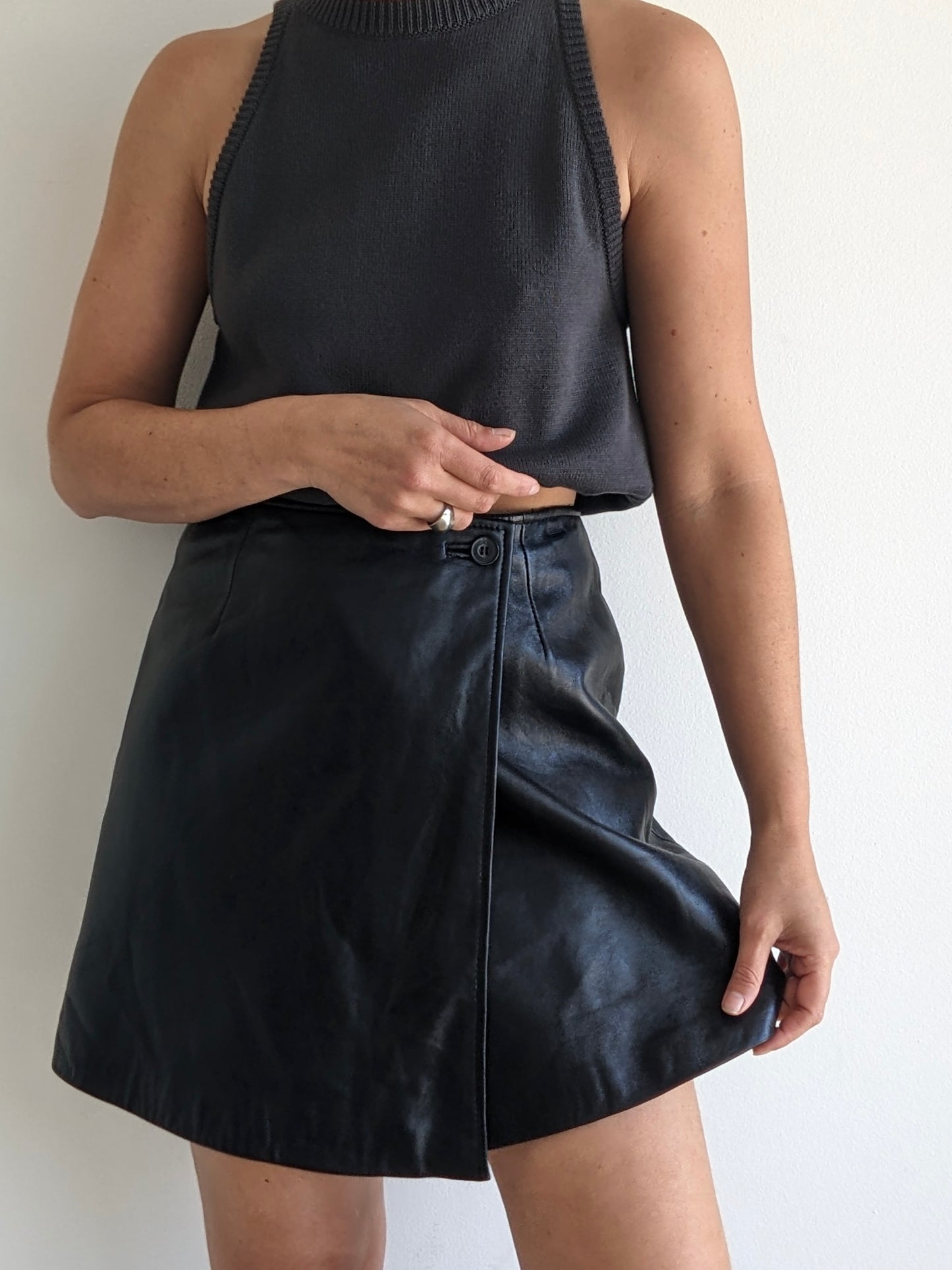 Vintage Onyx Leather Mini Wrap Skirt