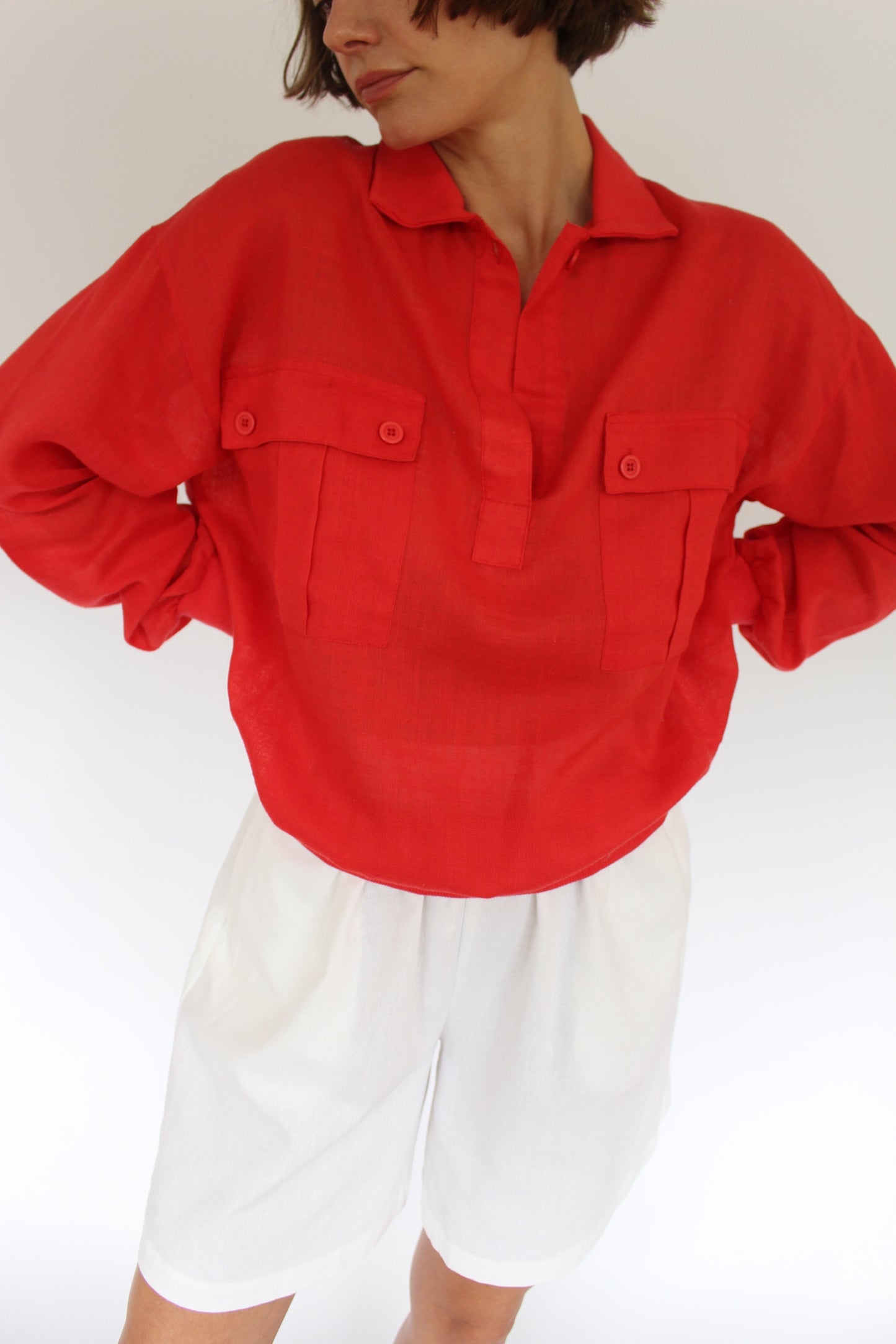 Vibrant Vintage Red Linen Collared Popover