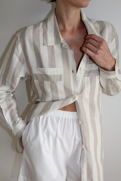 Vintage Striped Linen Pleated-Back Button Up