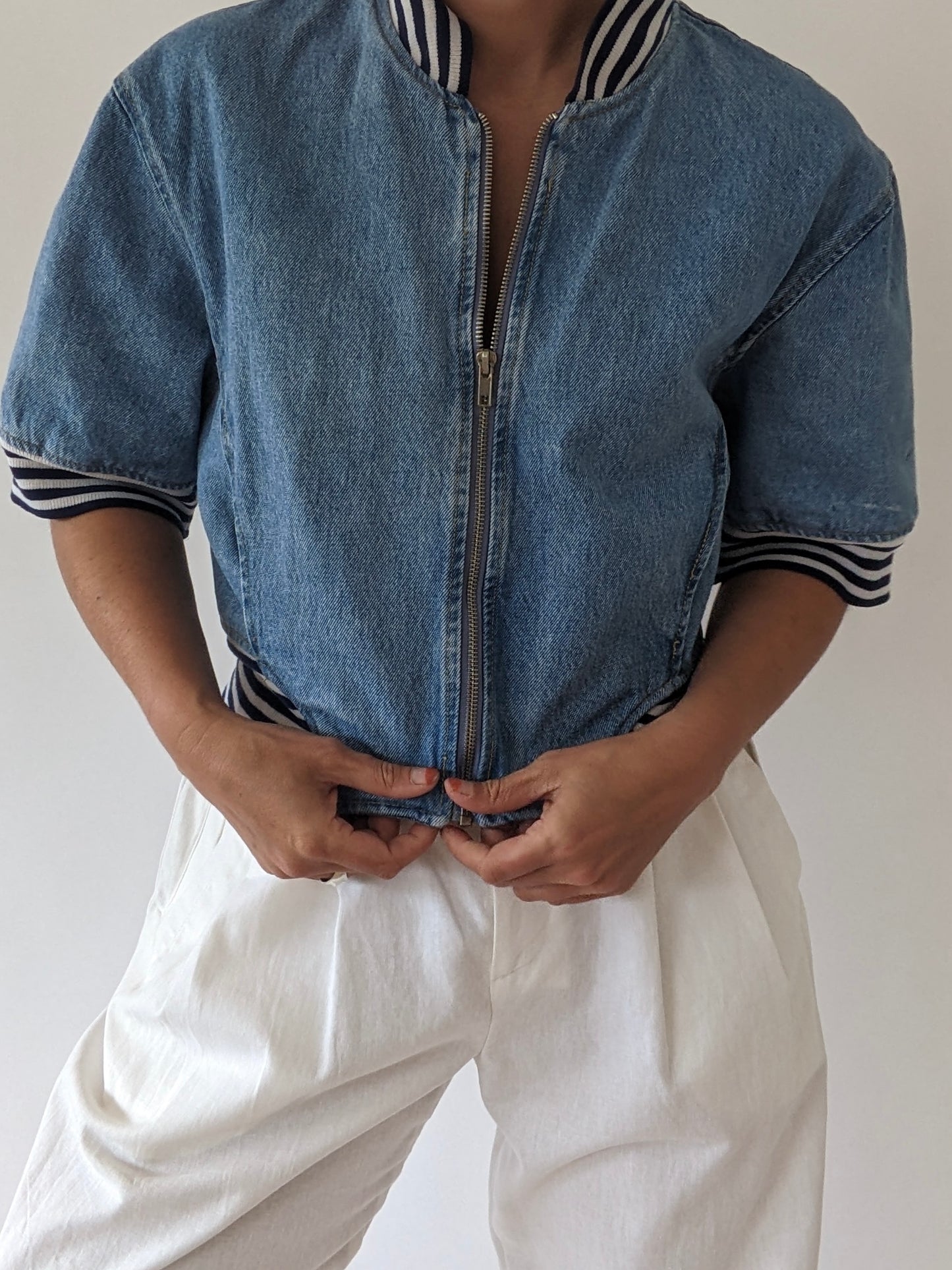 90s Cropped Denim & Stripe Jacket