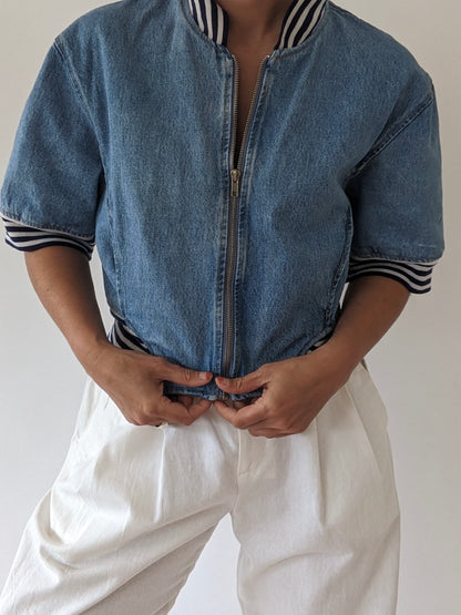 90s Cropped Denim & Stripe Jacket