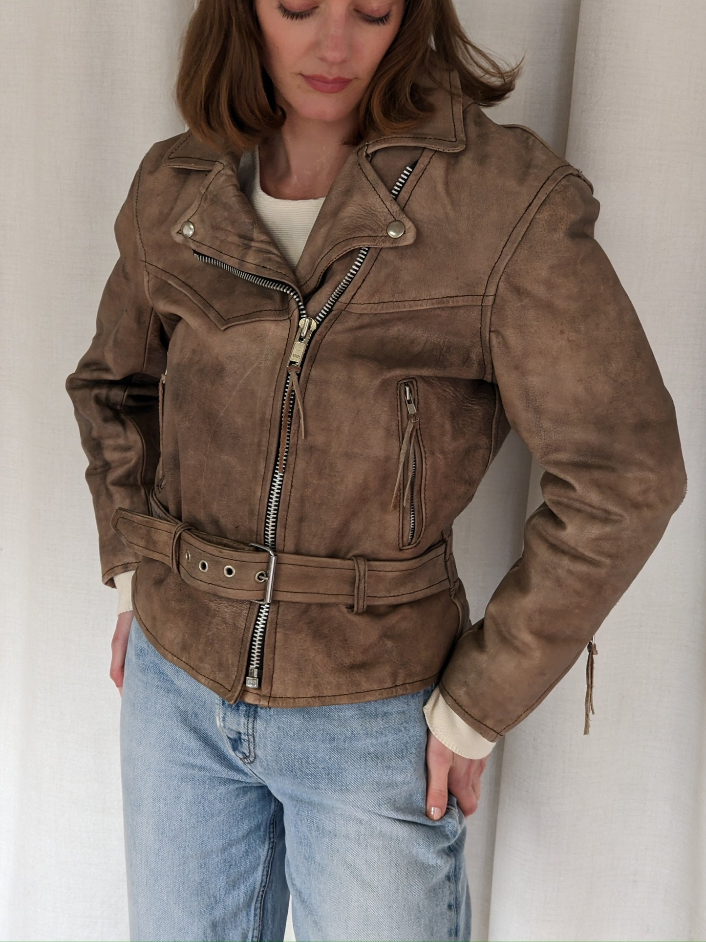Amazing Vintage Faded Almond Leather Moto Jacket
