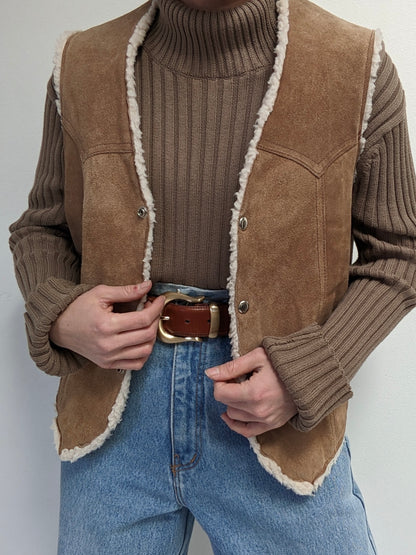 Vintage Sherpa-Lined Suede Snap Vest