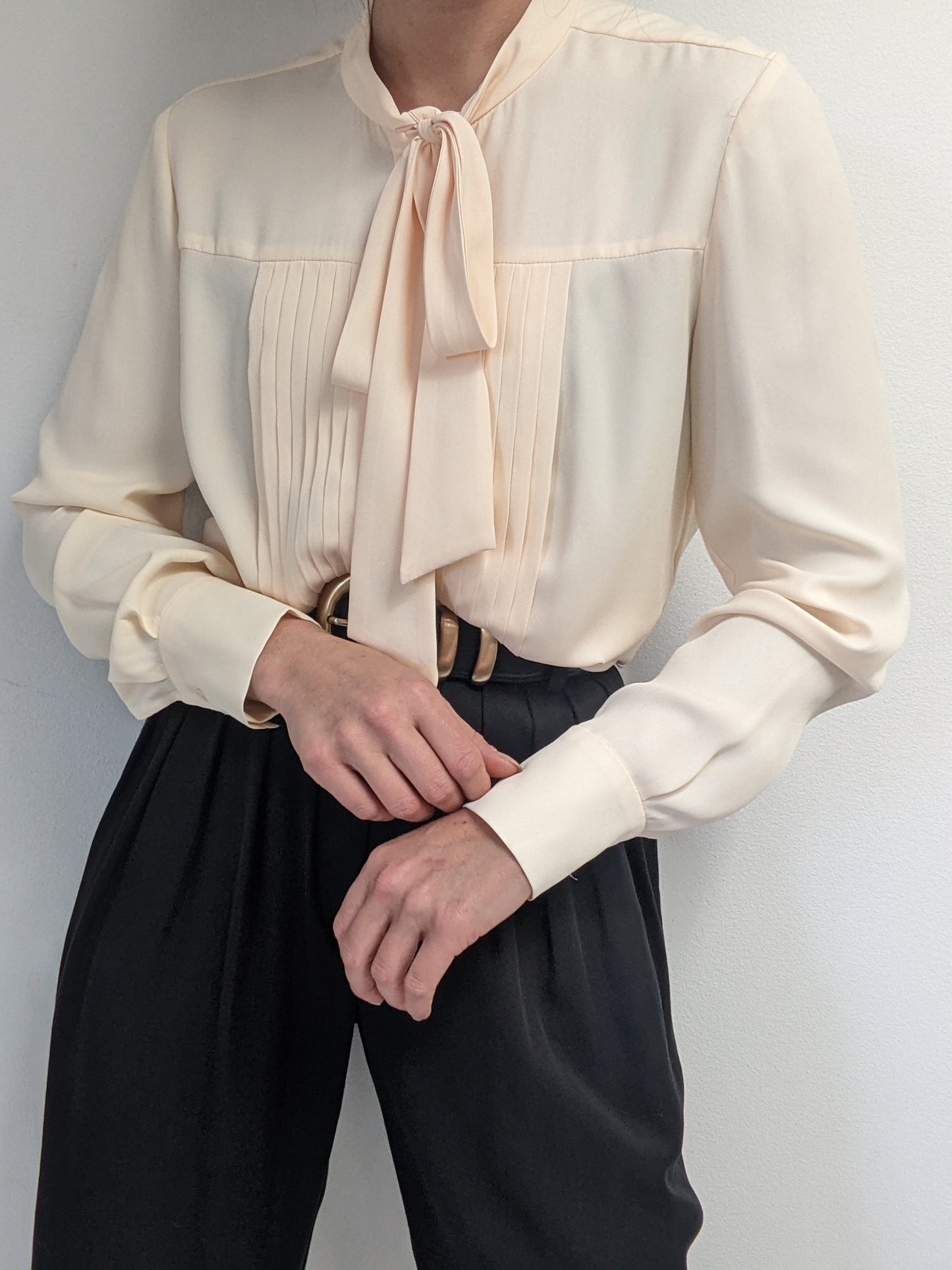 Vintage Buttercream Pleated Tie Blouse