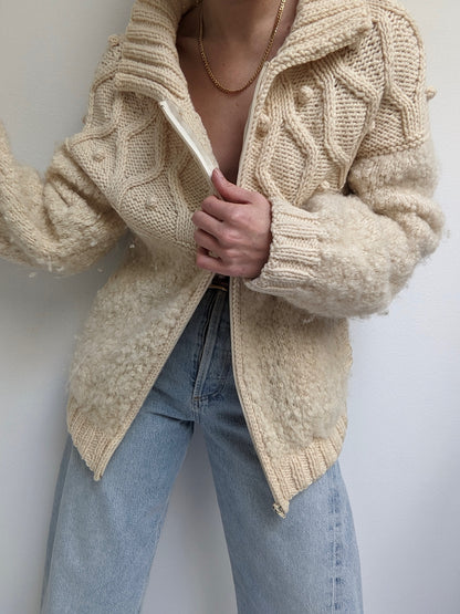 Vintage Hand Woven Cream Pure Wool Pom Pom Zip Jacket