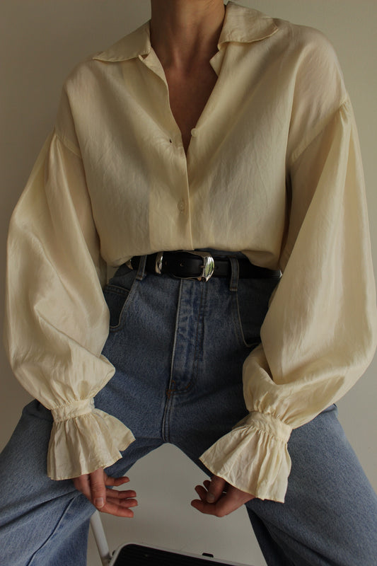 Vintage Cream Silk Balloon Sleeve Blouse