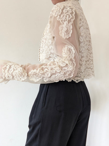 Rare Vintage Ivory Sheer Floral Lace Blouse