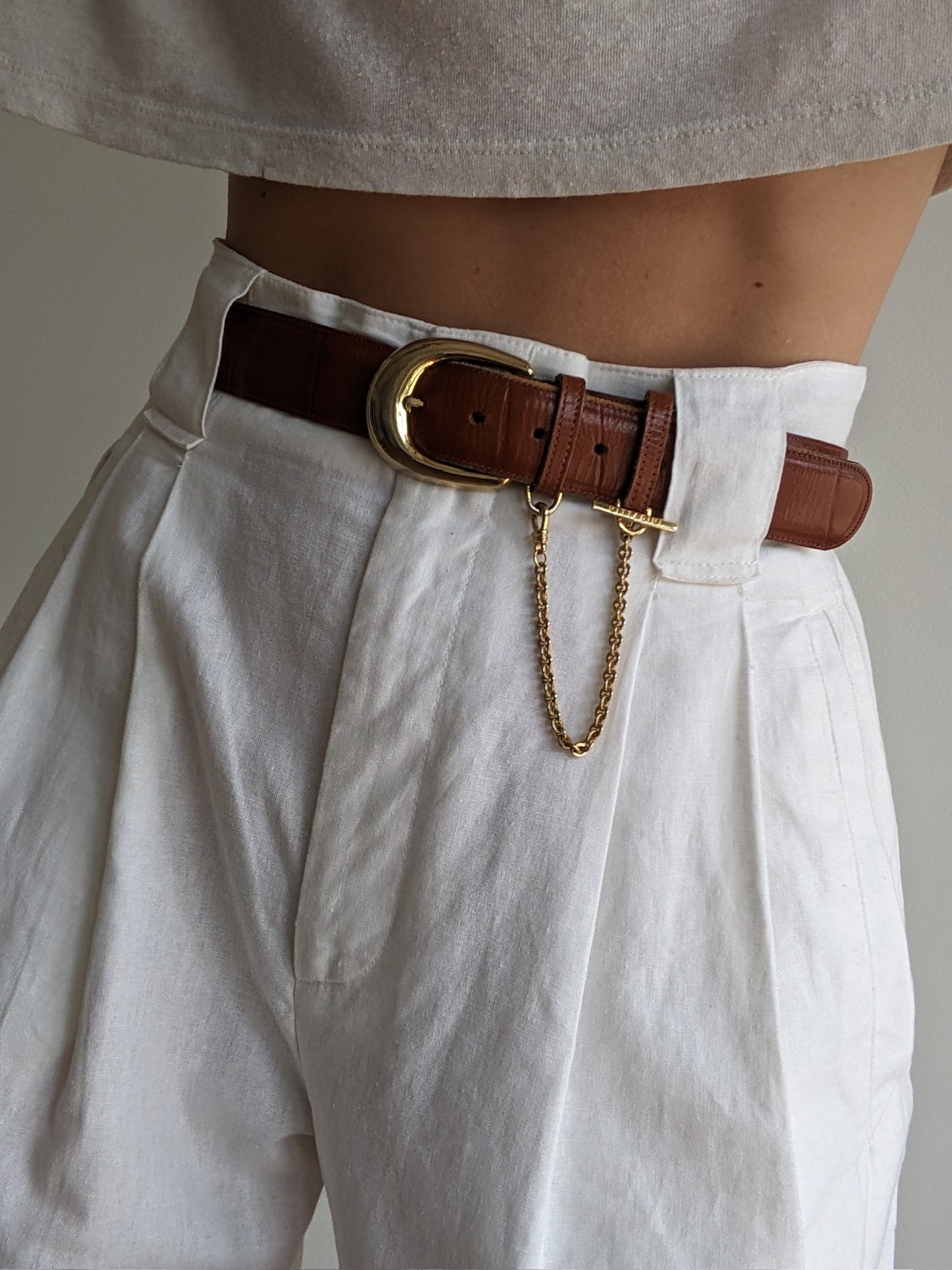 Vintage Cognac Croc-Embossed Leather & Chain Belt