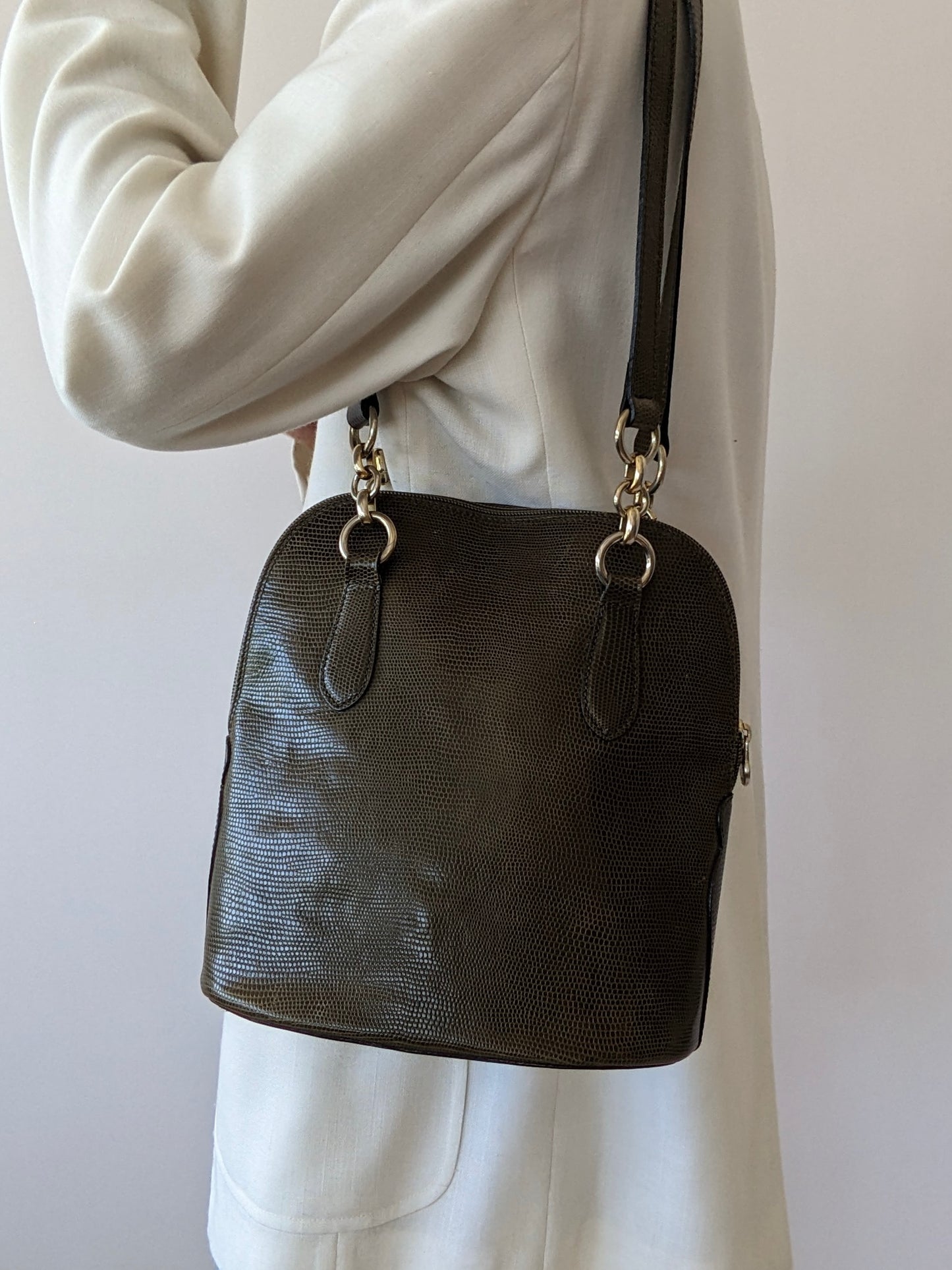Vintage Olive Reptile-Embossed Leather Bag