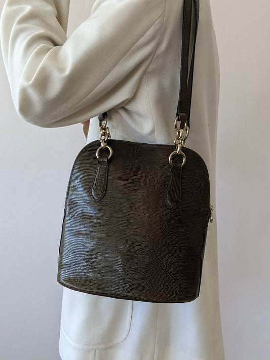 Vintage Olive Reptile-Embossed Leather Bag