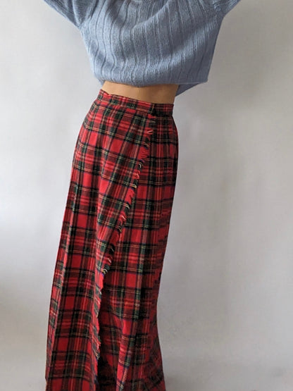 Vintage Fringed & Pleated Plaid Wool Wrap Skirt