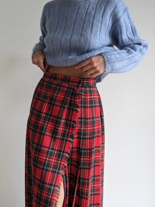 Vintage Fringed & Pleated Plaid Wool Wrap Skirt