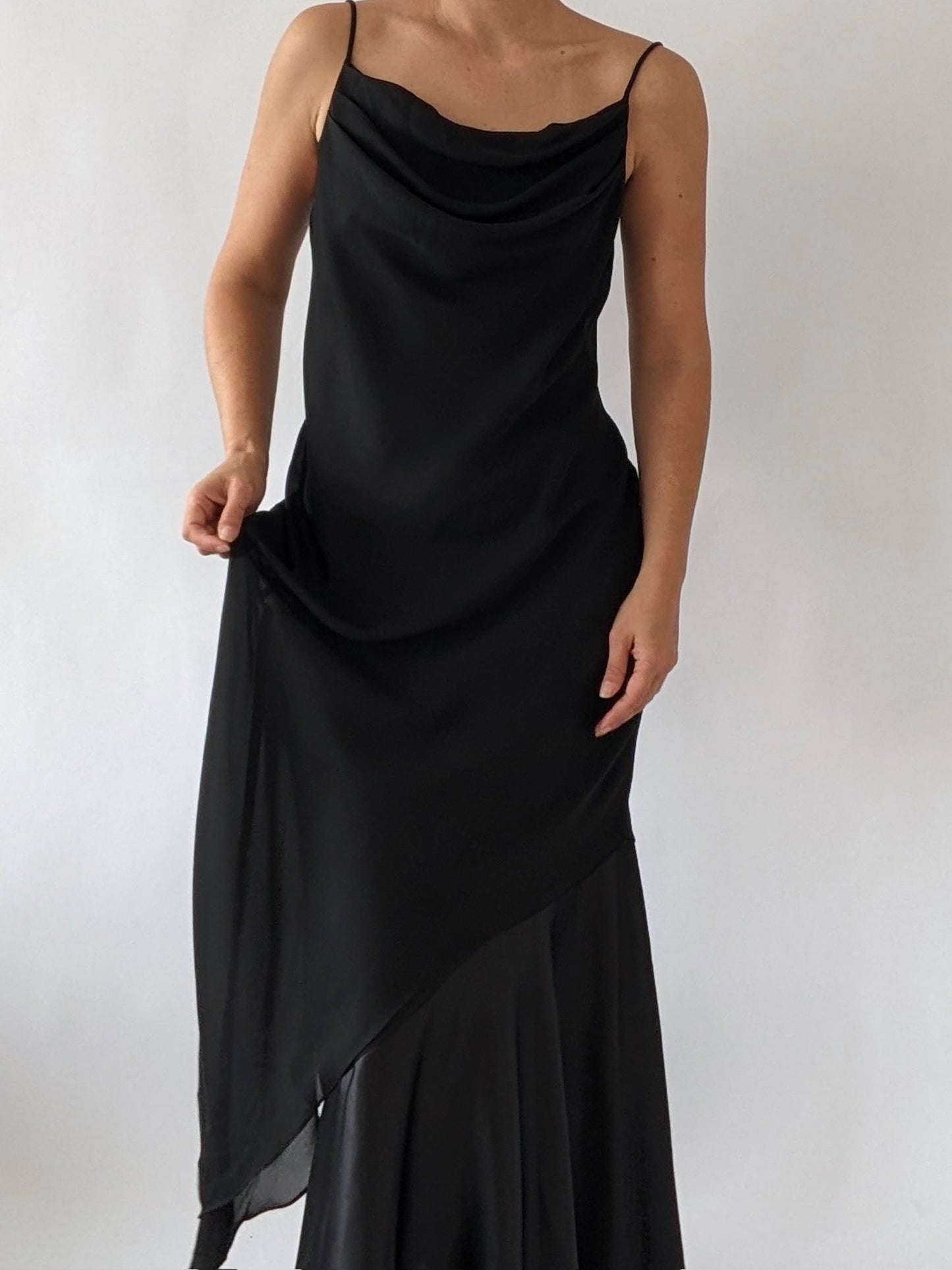90s Licorice Satin-Accent Evening Dresss