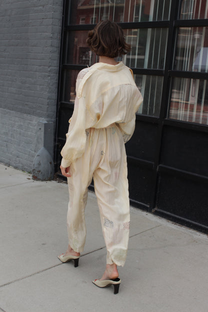Vintage Block-Printed Butter Silk Jumpsuit