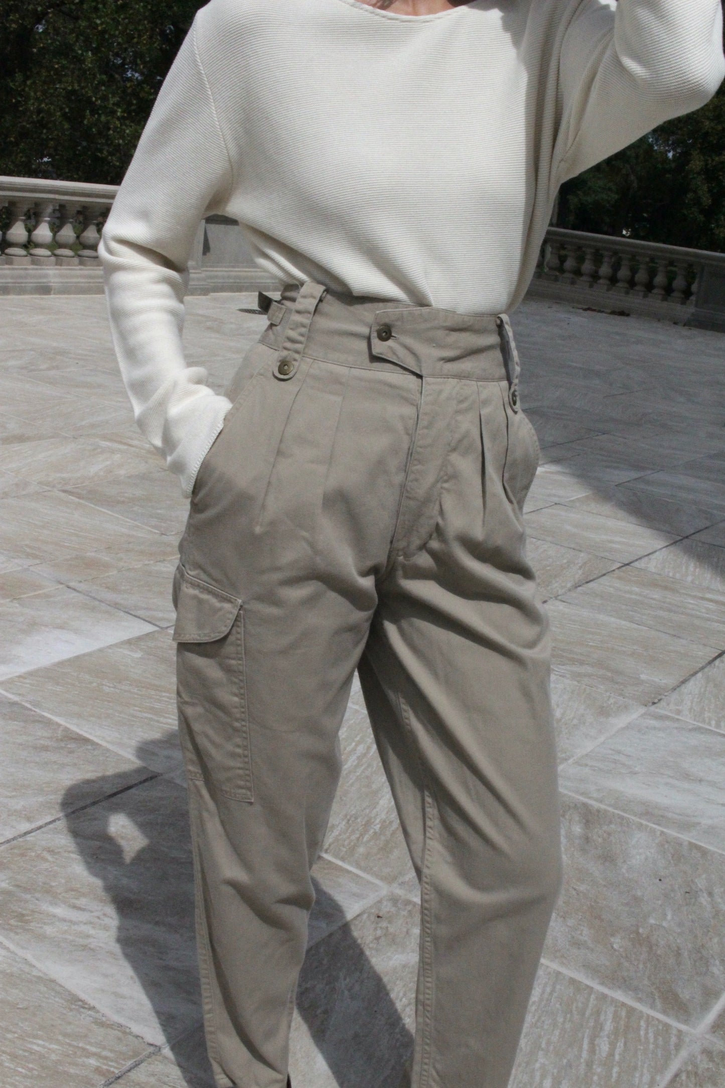 Vintage Pleated Cotton Twill Cargo Pants