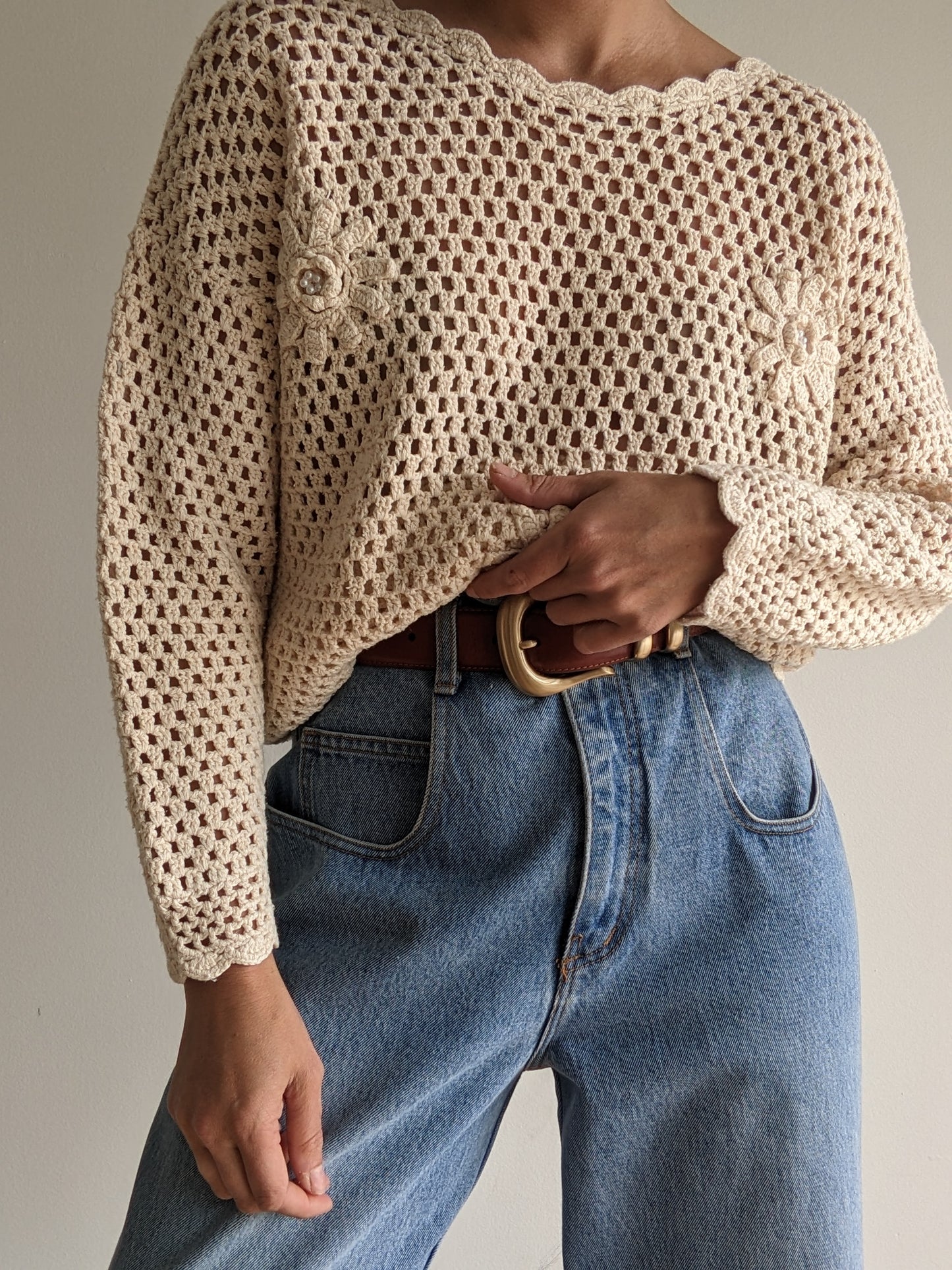 Vintage Flower Appliqué Silk Crochet Top