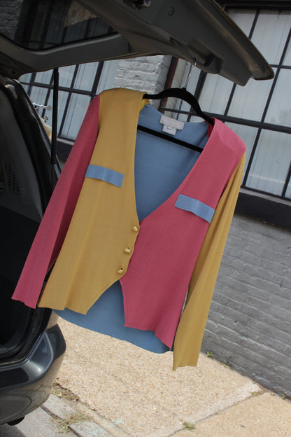 Rare 80s Vintage Color Block Silk Cardigan
