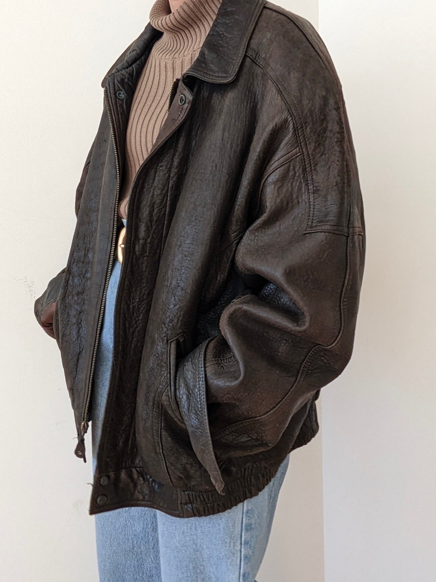 Vintage Espresso Pebbled Leather Bomber Jacket