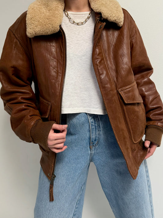 Incredible Vintage Saddle Brown Leather Bomber