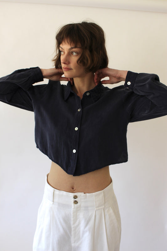 90s Navy Sueded Crop Blouse