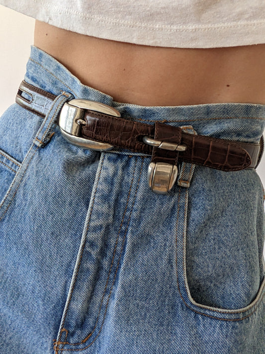 Vintage Italian Embossed Leather & Silver Hardware Belt