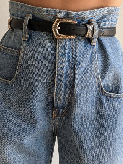 Vintage Black Leather & Silver Hardware Belt