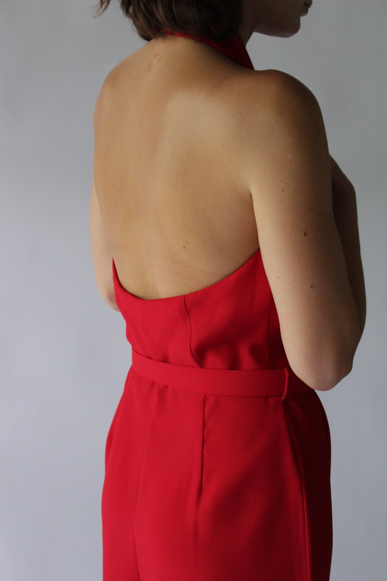 Vintage Crimson Halter Jumpsuit & Bolero Set