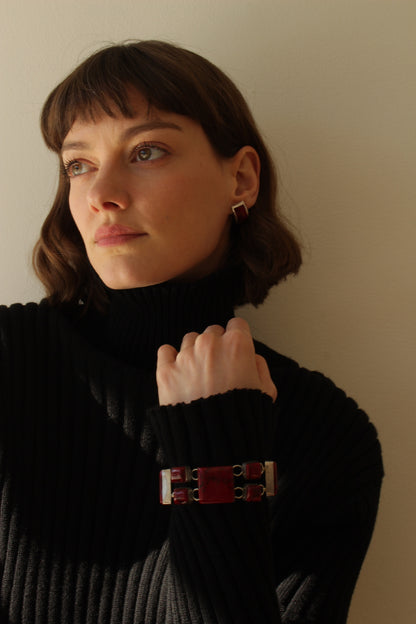 Vintage Modernist Red Jasper & Sterling Silver Bracelet & Earrings Set