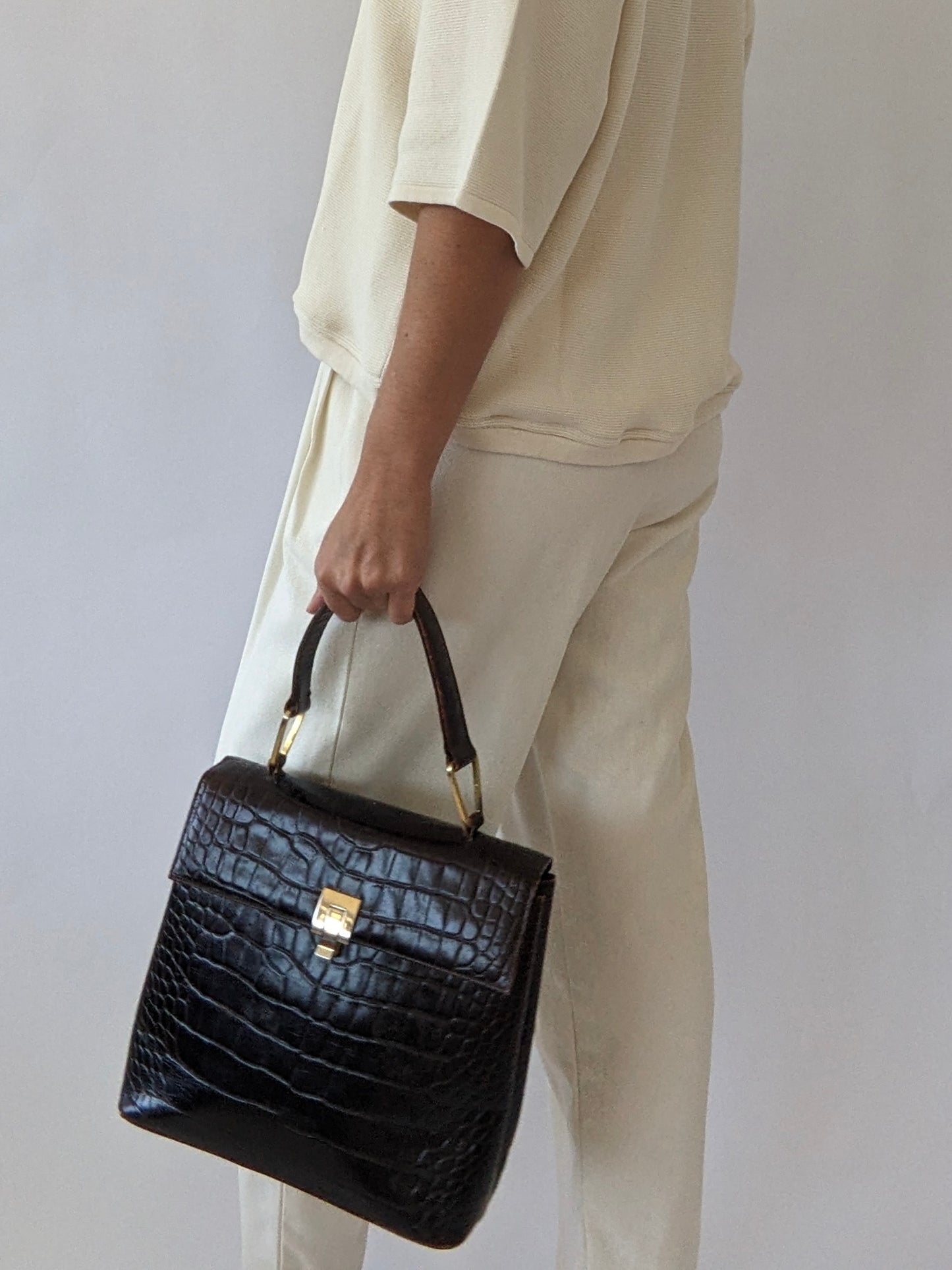 Vintage Espresso Croc-Embossed Leather Handbag