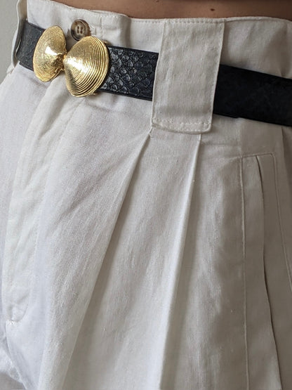 Vintage Embossed Leather & Shell Buckle Belt