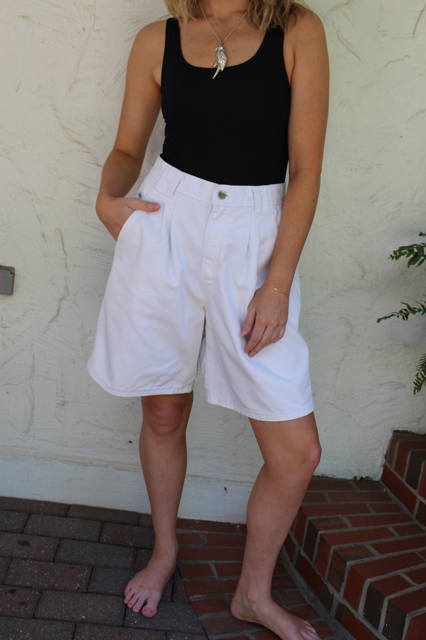 Vintage Pearl Pleated Denim Shorts