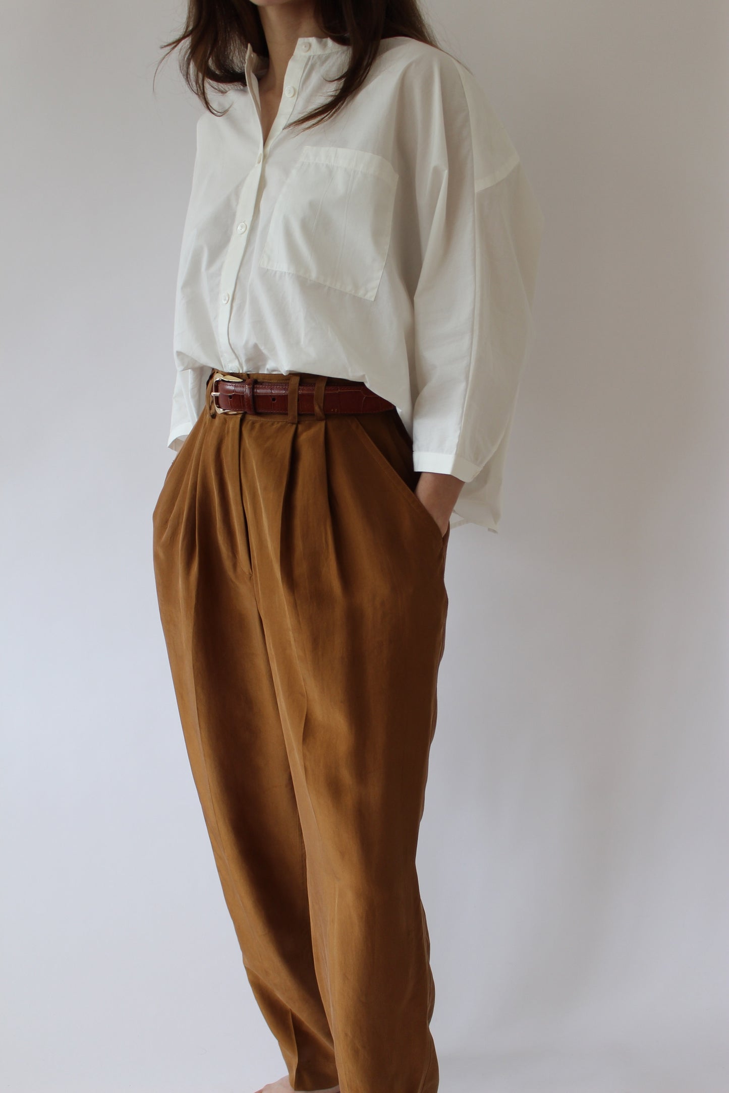 Vintage Toffee Pleated Silk Trousers