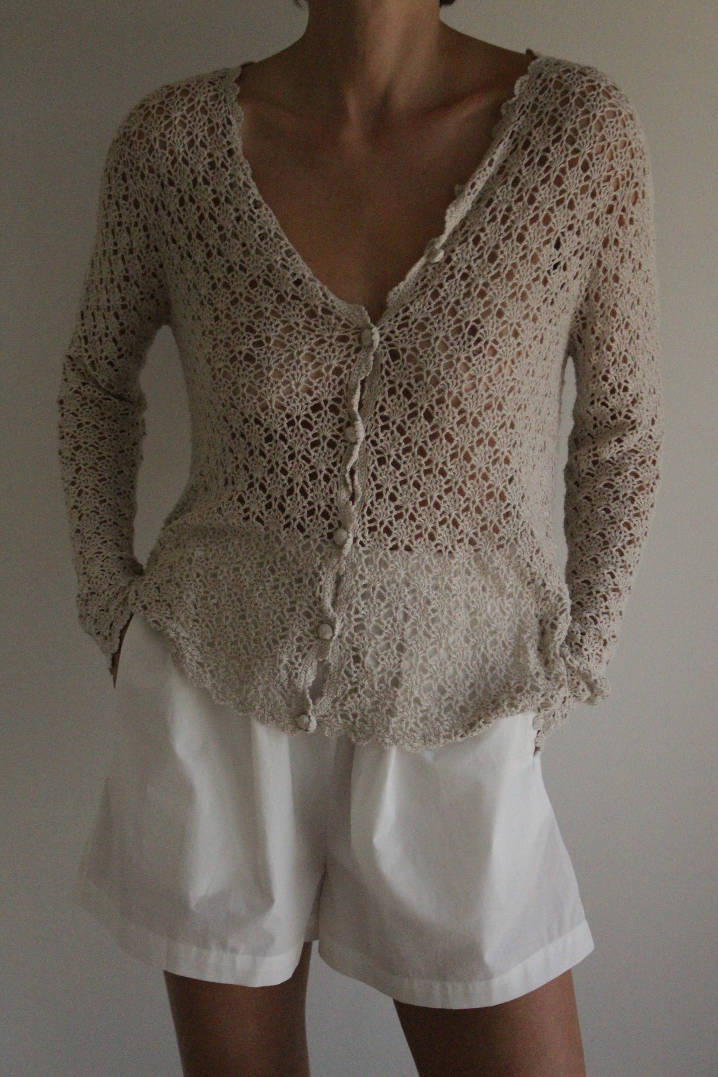 Vintage Stone Crochet Linen Cardigan