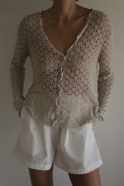 Vintage Stone Crochet Linen Cardigan