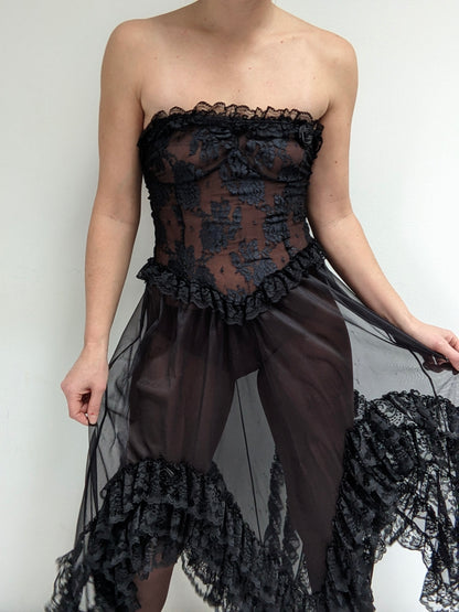 Incredible Vintage Sheer Lace Ruffled Dress