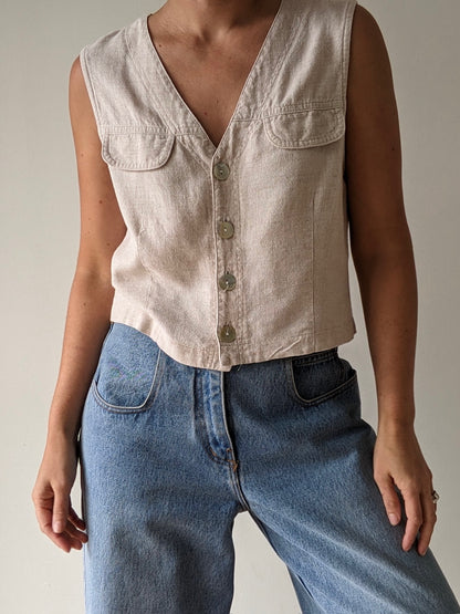 Vintage Cropped Oat Linen Vest