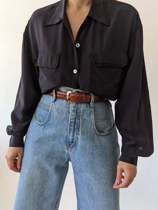 Vintage Midnight Embroidered Silk Blouse