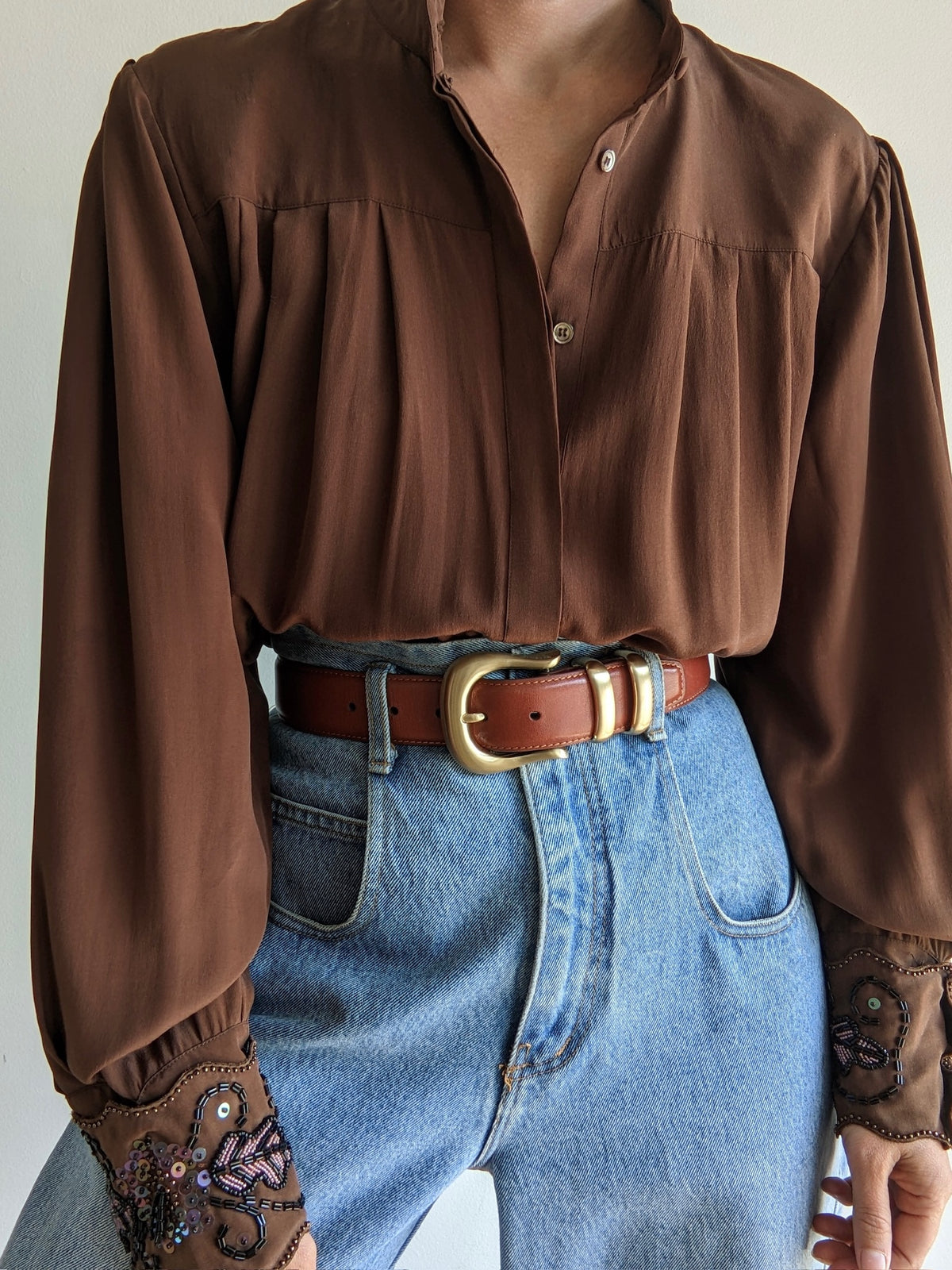 Lovely Vintage Cocoa Pleated Silk Blouse