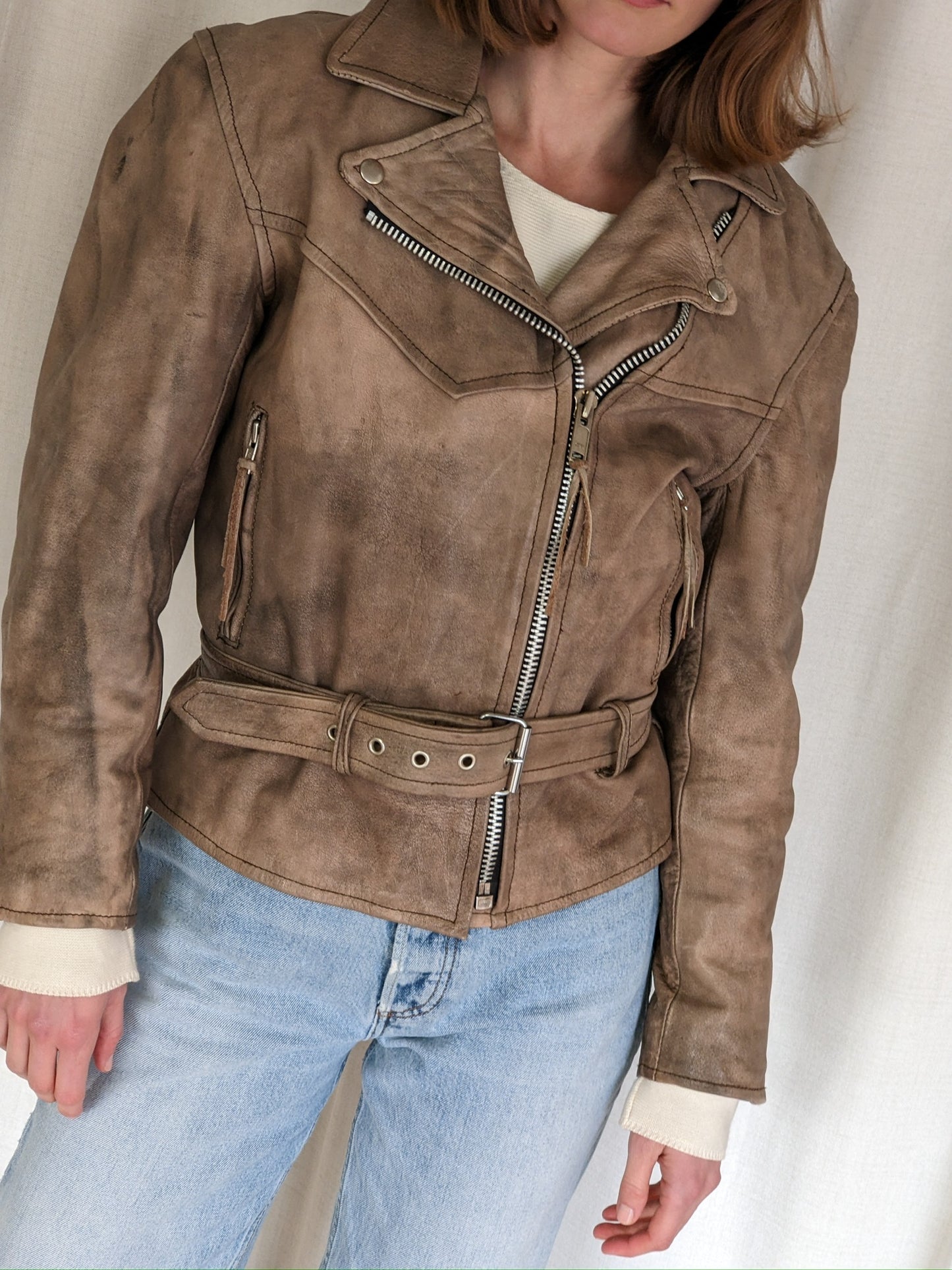 Amazing Vintage Faded Almond Leather Moto Jacket
