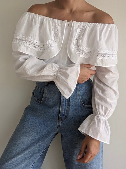 Beautiful Vintage Ruffled Lace Off-Shoulder Blouse