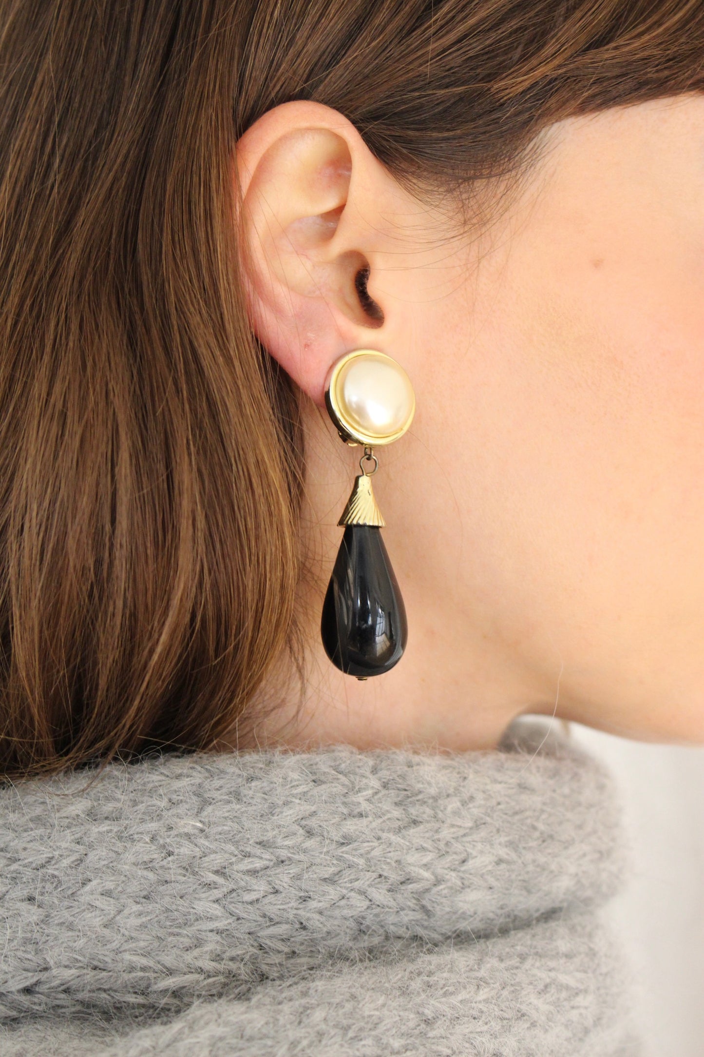 Bold Vintage Faux Pearl & Onyx Drop Earrings