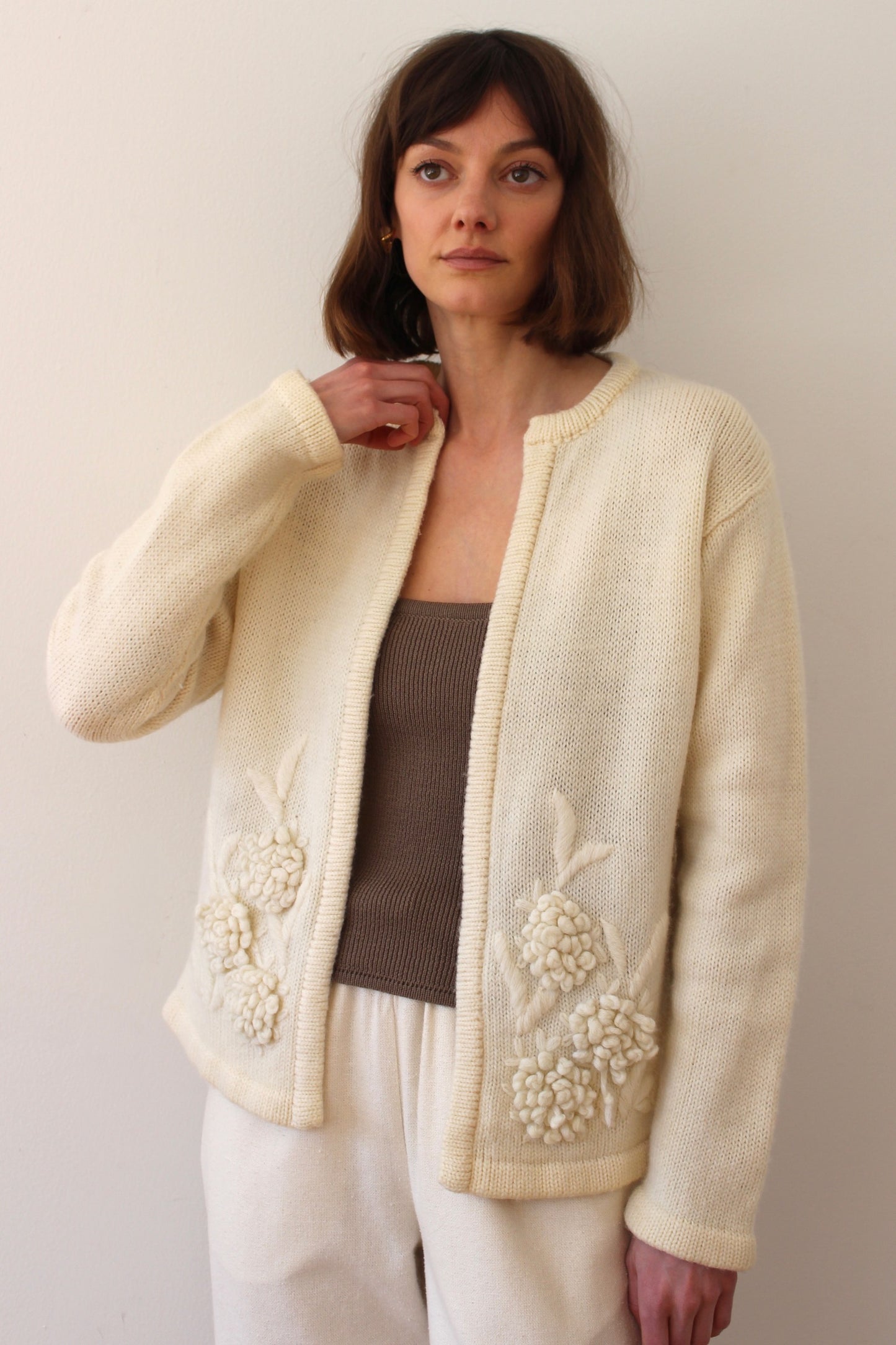 Vintage Buttercream Embroidered Wool Cardigan