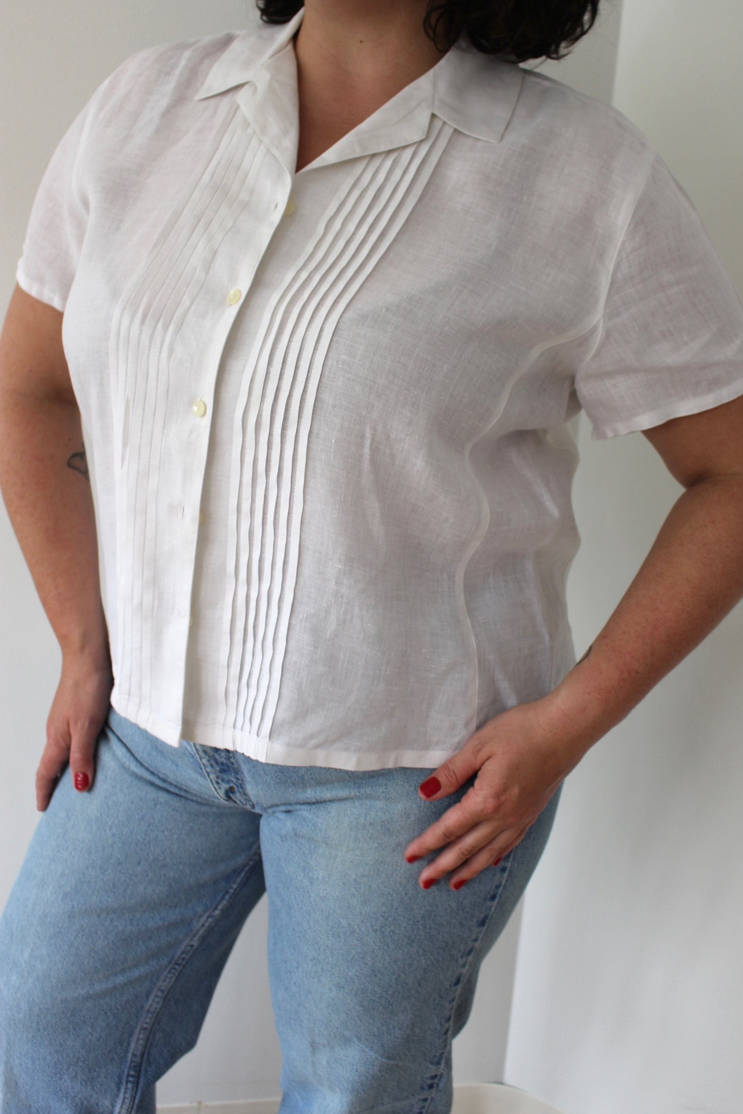 Vintage Ivory Pleated Linen Blouse