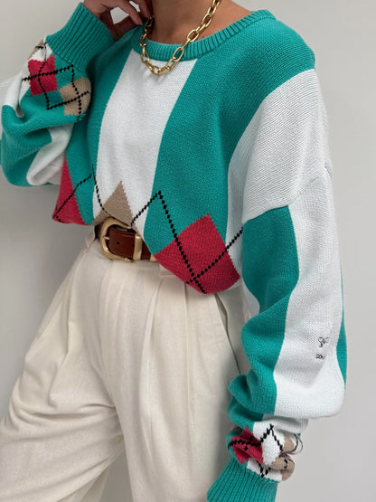 Vintage Wide Striped Argyle Cotton Sweater