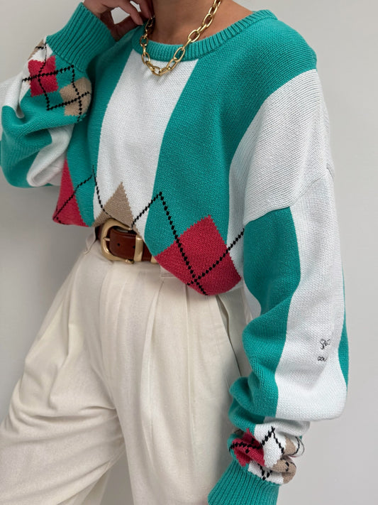 Vintage Wide Striped Argyle Cotton Sweater