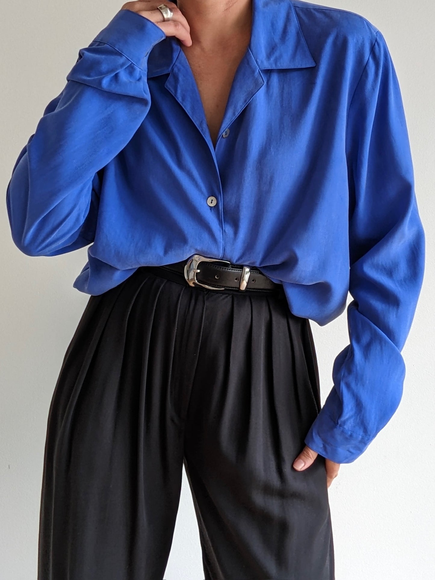 Vintage Lapis Silk Drawstring Blouse