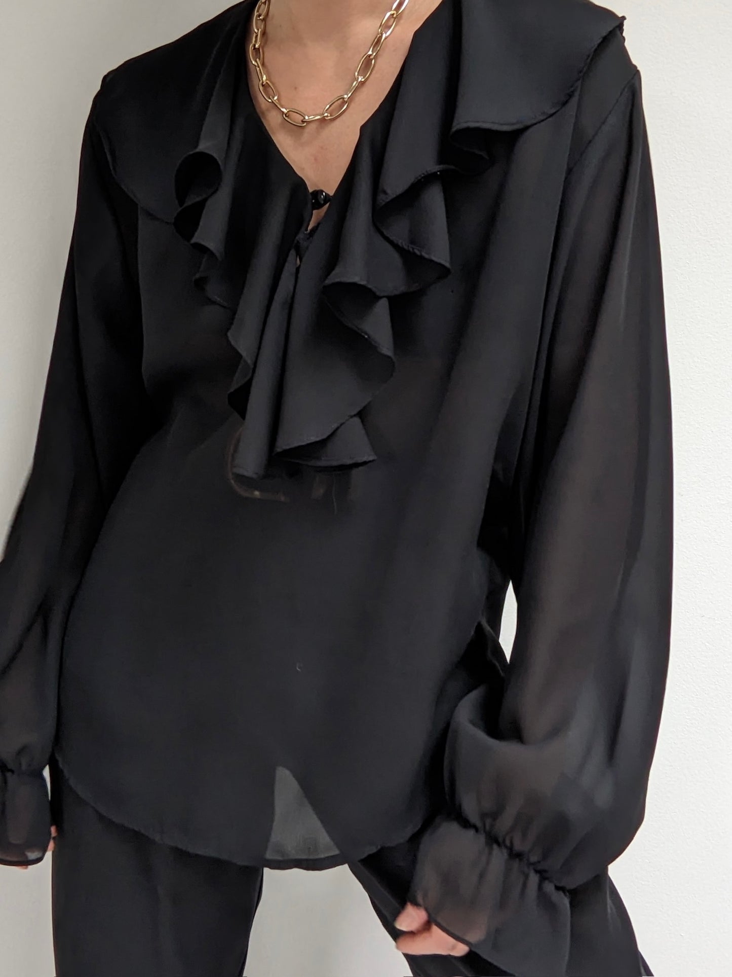 Vintage Sheer Black Ruffled Blouse