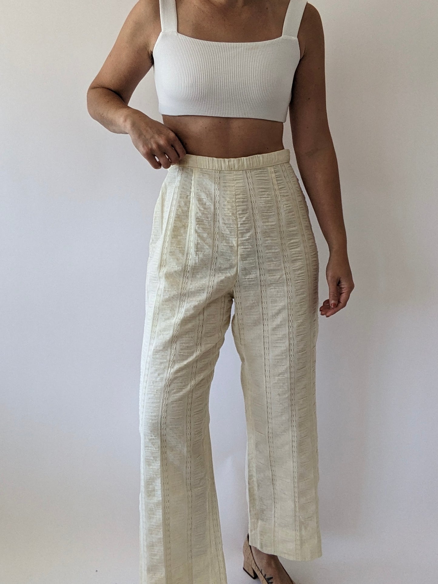 Vintage Buttercream Lace-Striped Summer Pant