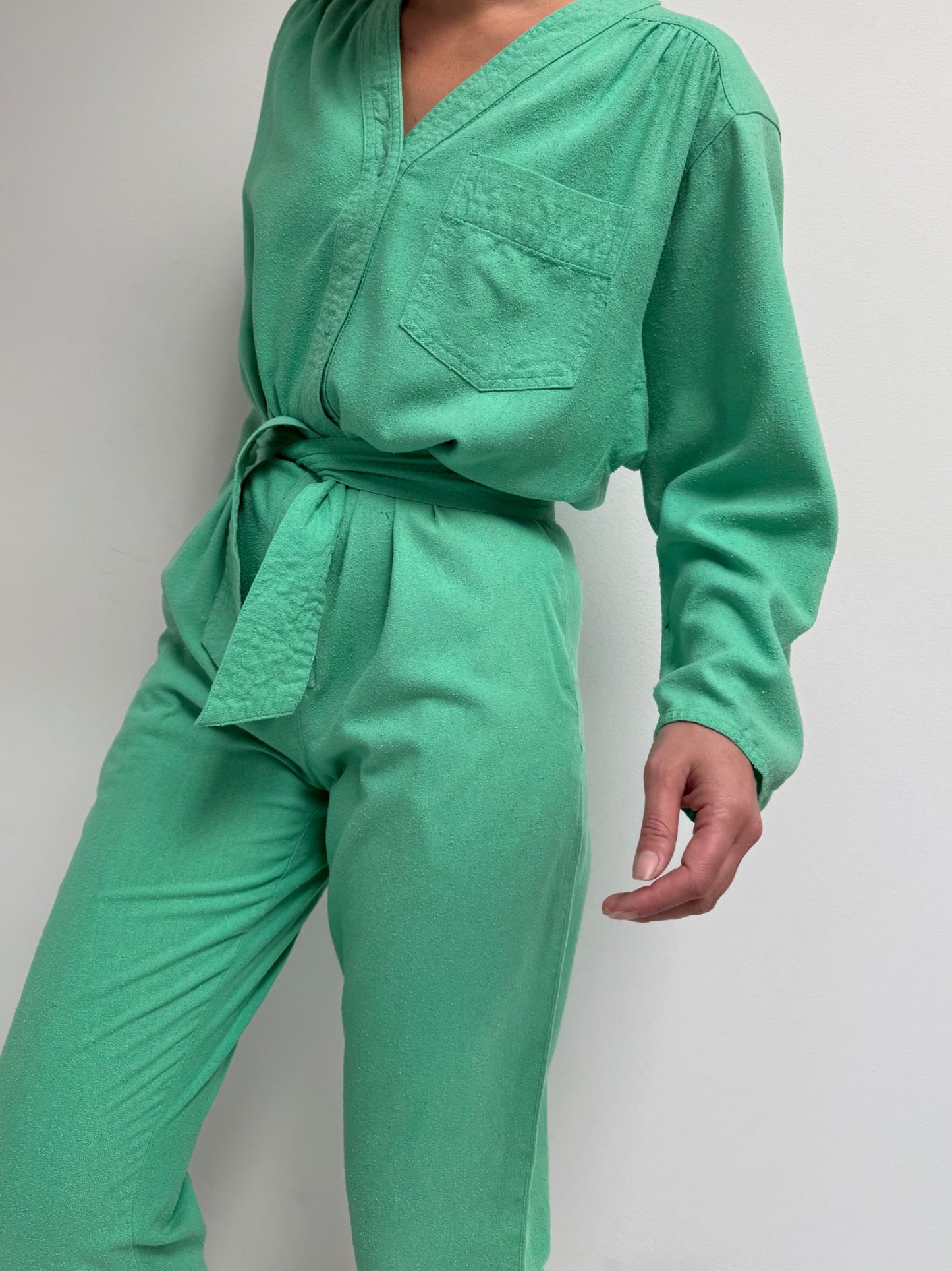 Vintage Belted Jade Raw Silk Jumpsuit